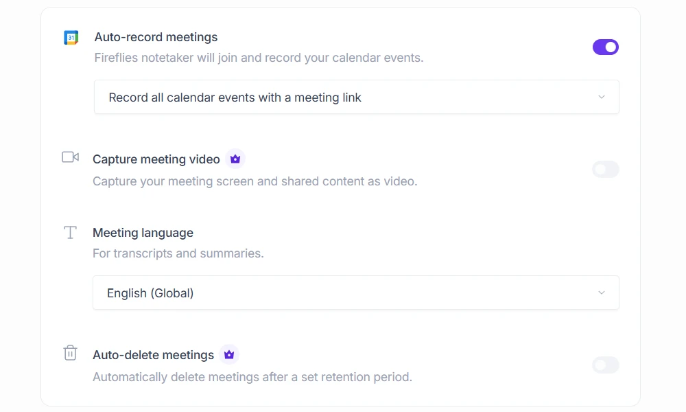 Fireflies.ai calendar connection settings screen showing auto-join toggle