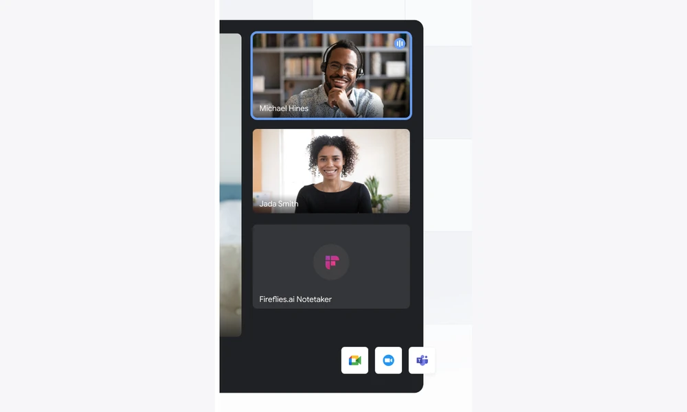 Fireflies.ai recording bot visible as a participant in a video call