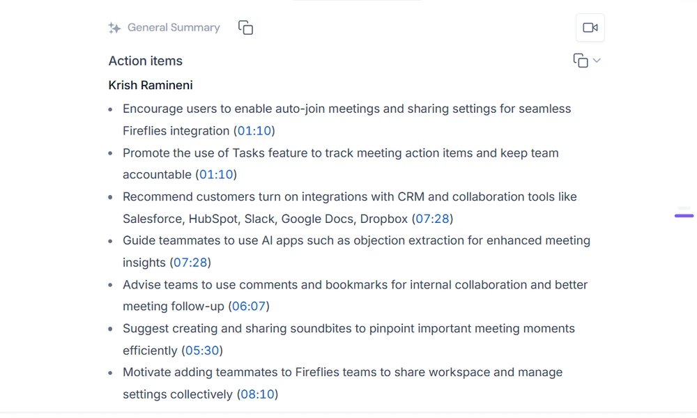 Fireflies.ai AI-generated meeting summary with action items list