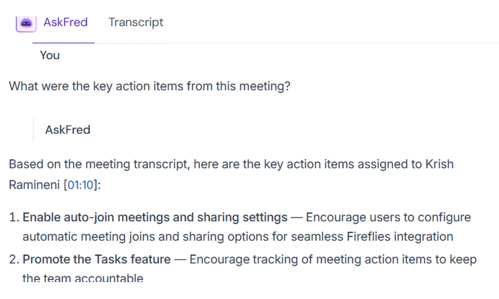AskFred chat interface answering a question about a meeting transcript