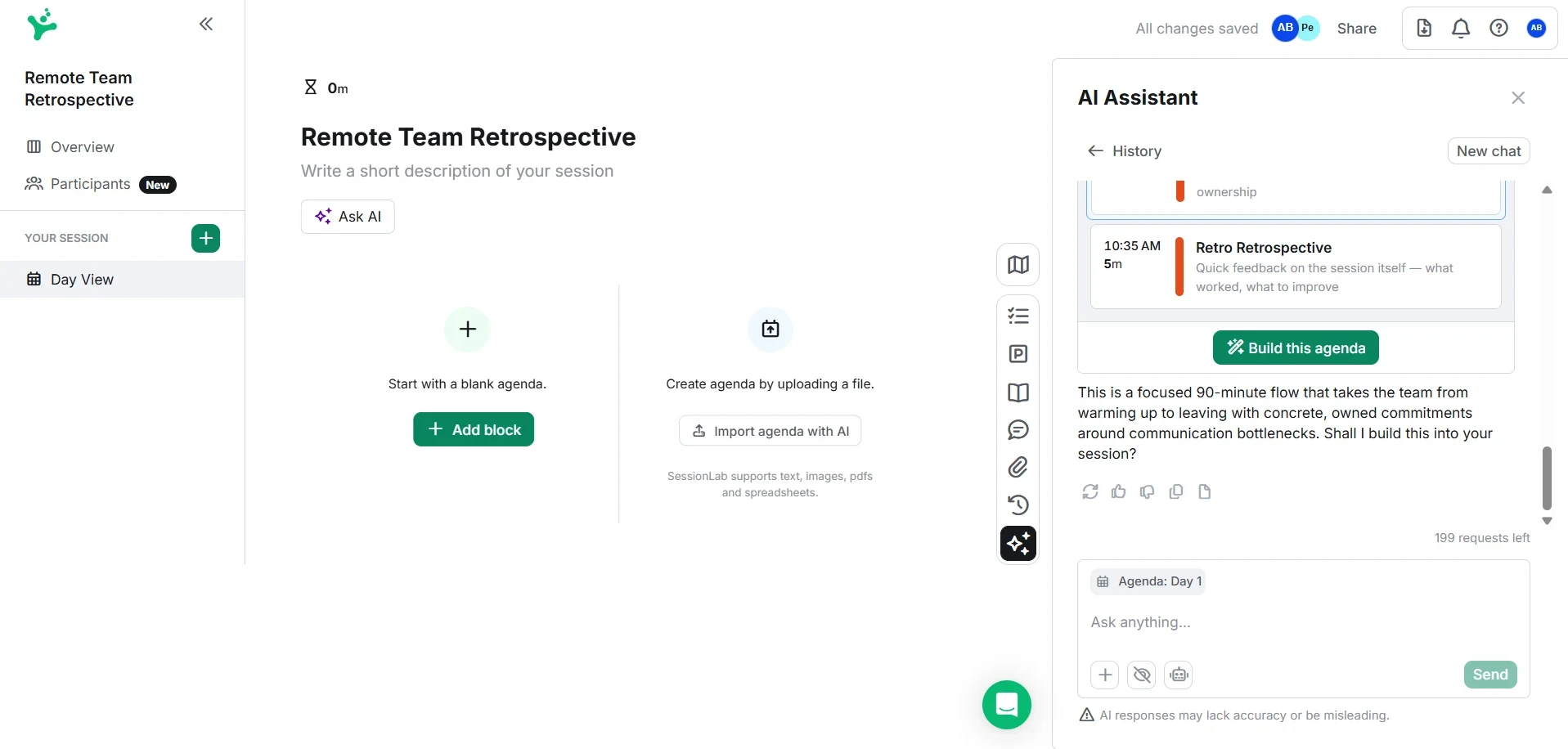 SessionLab AI Assistant generating a 90-minute retrospective agenda from a prompt