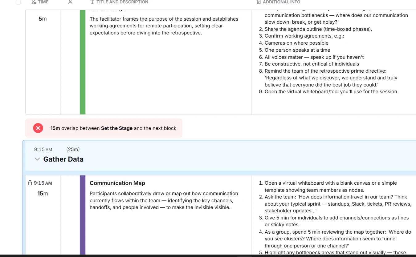 SessionLab flagging a 15-minute overlap between two agenda blocks