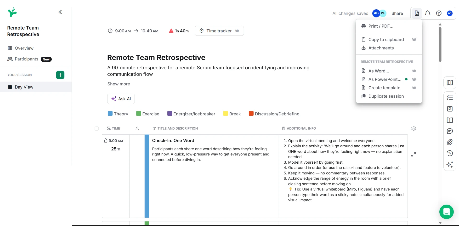SessionLab agenda with color-coded activity blocks ready for PDF export