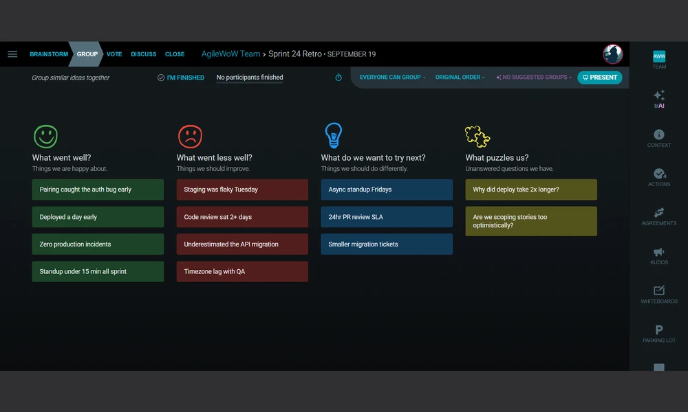 TeamRetro Group phase showing individual retrospective notes and the AI grouping tool reporting no suggested groups