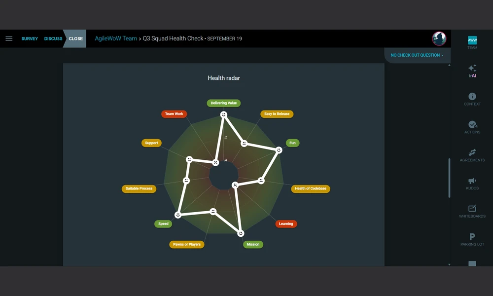 TeamRetro team health check results plotted on a visual radar chart