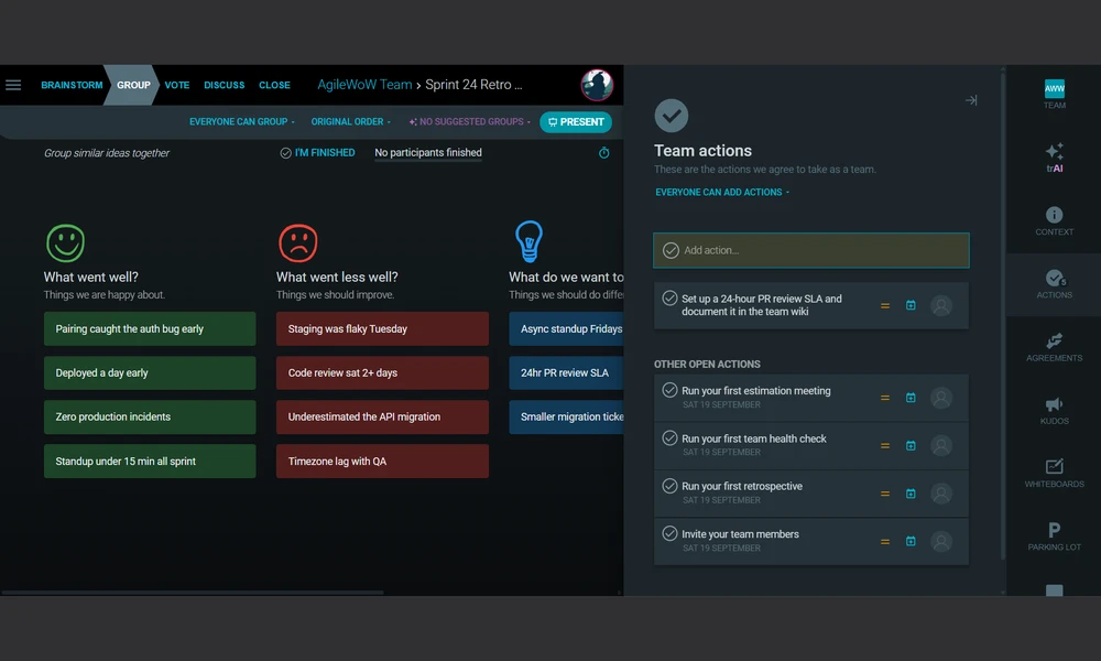 TeamRetro Team actions panel showing an action item added during testing, with no Jira publish option visible on the trial plan