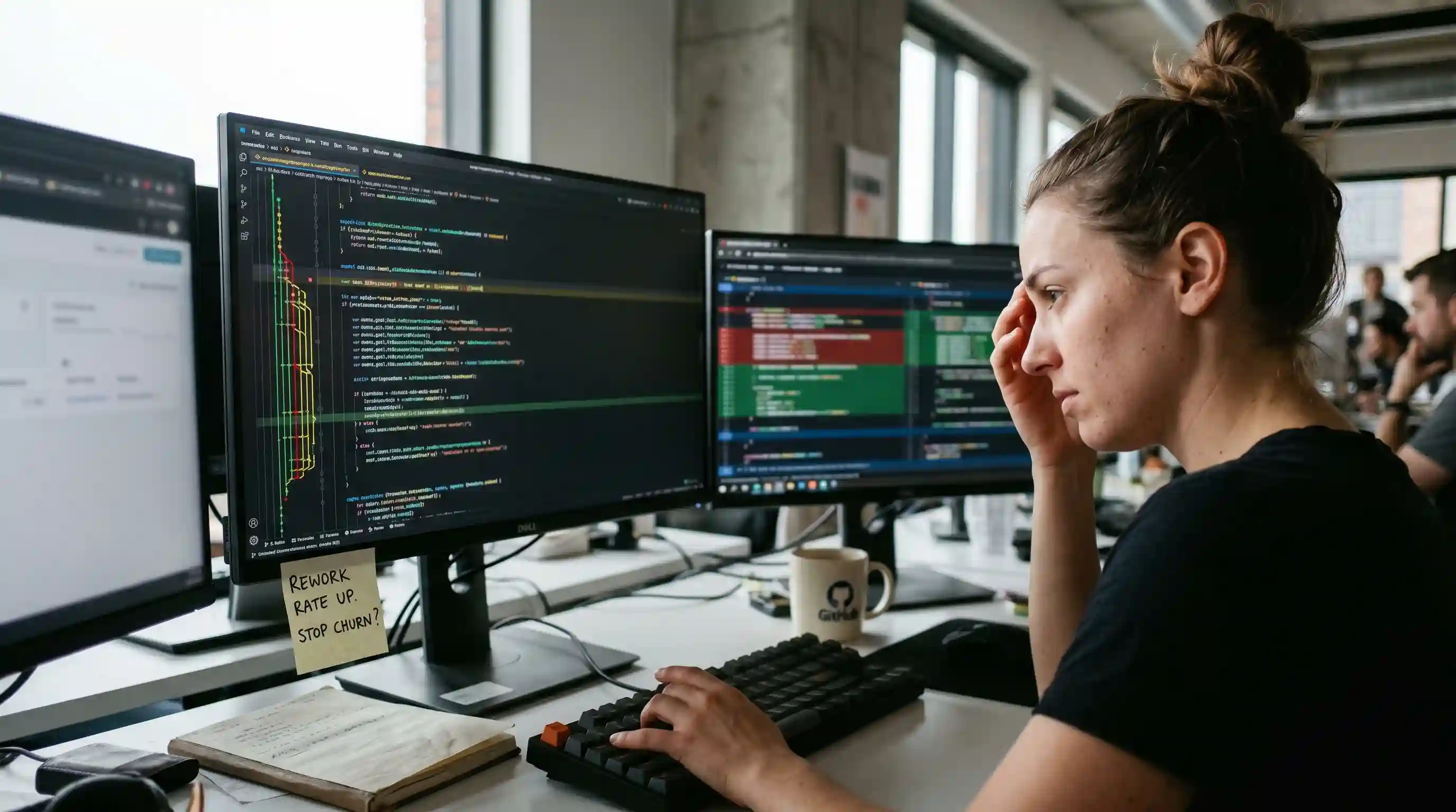 Dashboard visualizing code churn and rework rate vs velocity