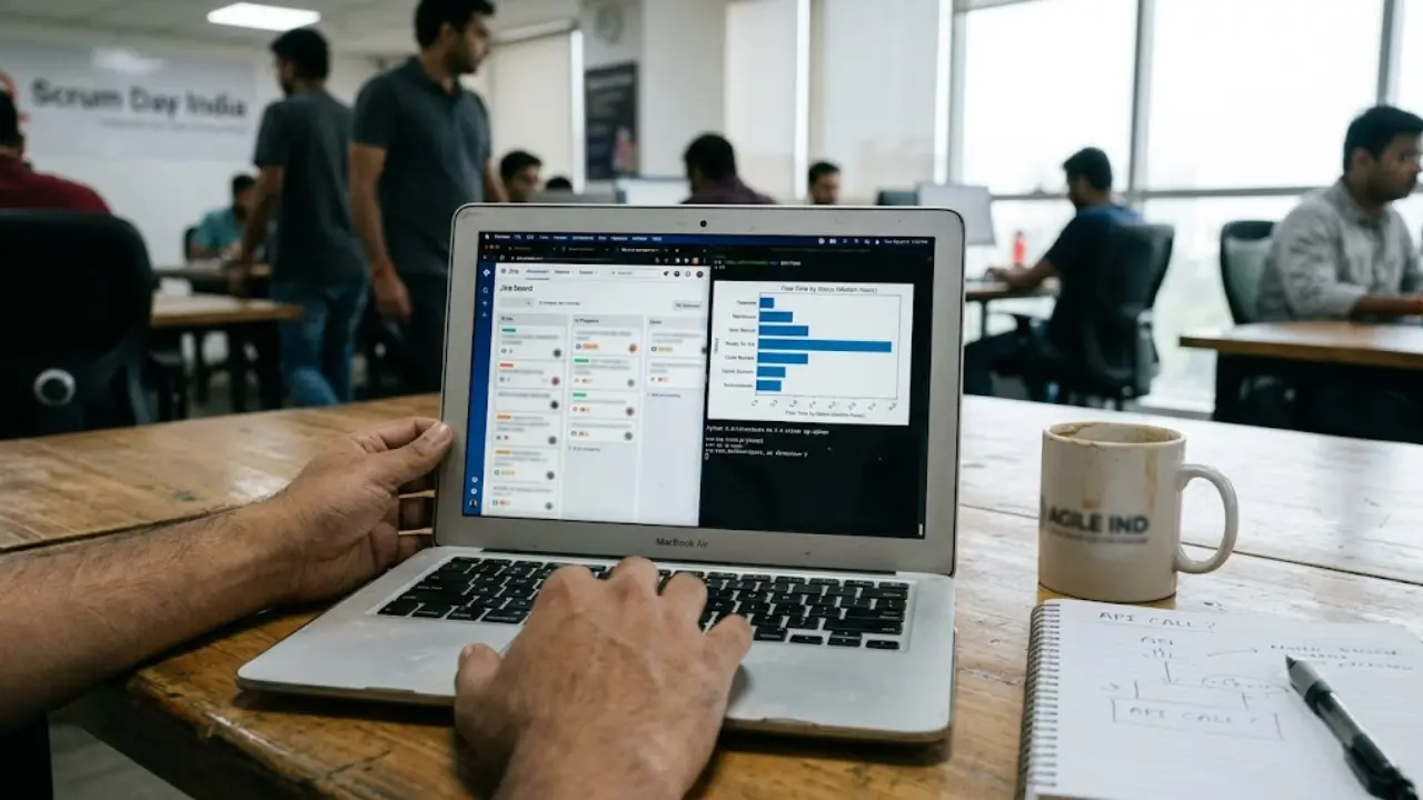 Terminal output showing status duration and code review latency next to a Jira board